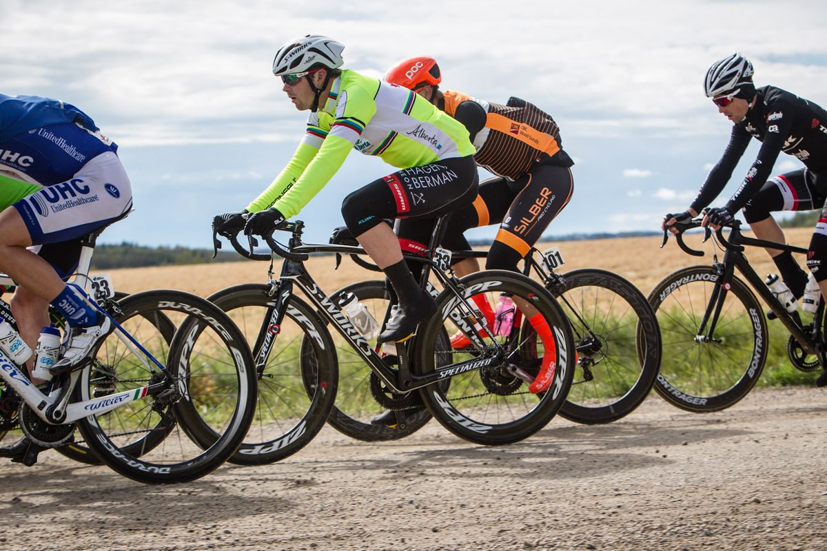 Colin Joyce (Axeon) finds a safe spot to get through the gravel during stage 3 in Alberta