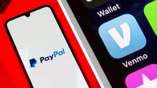 A phone on a red background showing the PayPal logo next to a phone showing the Venmo app logo