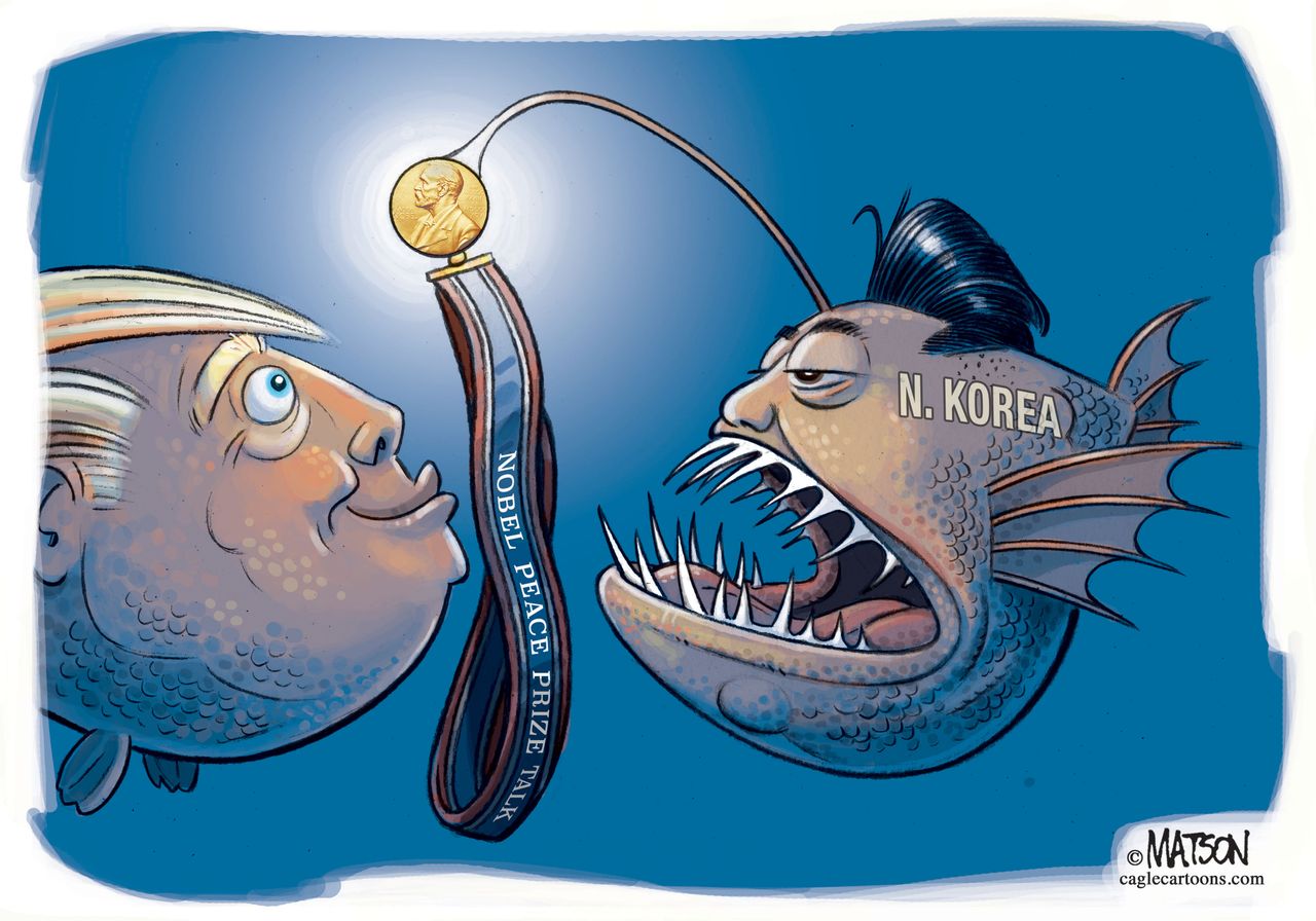 Political cartoon U.S. Trump Kim Jong-Un North Korea summit Nobel Peace prize