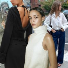 fashion collage featuring an H&M model wearing a white sleeveless turtleneck and chunky silver earrings, a J.Crew model wearing The Rollneck by BUCISi open-back sweater, and Clara Dyrhauge wearing an oversized white linen button-down shirt, brown toe bag, dark-wash jeans, and flip-flop sandals