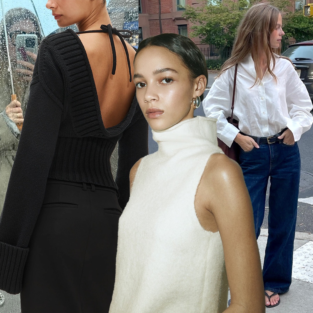 fashion collage featuring an H&amp;M model wearing a white sleeveless turtleneck and chunky silver earrings, a J.Crew model wearing The Rollneck by BUCISi open-back sweater, and Clara Dyrhauge wearing an oversized white linen button-down shirt, brown toe bag, dark-wash jeans, and flip-flop sandals