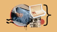 Photo collage of pill containers, a person packing pills in a suitcase, and a woman taking medication on a beach