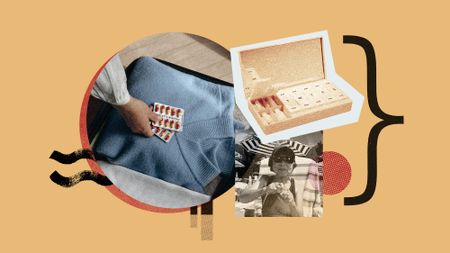 Photo collage of pill containers, a person packing pills in a suitcase, and a woman taking medication on a beach