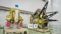 The Propulsion Module (left) and Exploration and Return Modules (right), which together make up Japan’s Martian Moons eXploration (MMX) spacecraft, are seen at the Tanegashima Space Center in Minamitane, Kagoshima prefecture on Aug. 13, 2026.