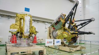 The Propulsion Module (left) and Exploration and Return Modules (right), which together make up Japan&rsquo;s Martian Moons eXploration (MMX) spacecraft, are seen at the Tanegashima Space Center in Minamitane, Kagoshima prefecture on Aug. 13, 2026. 