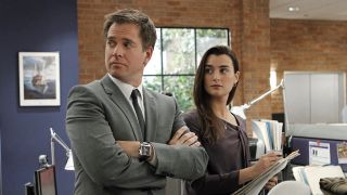 Michael Weatherly with arms crossed and Cote de Pablo holding some papers on NCIS