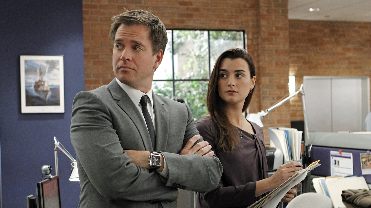 Michael Weatherly with his arms crossed and Cote de Pablo with some papers about NCIS