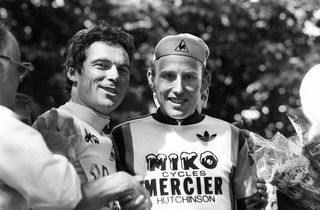French cyclist Bernard Hinault L winner of the 1978 Tour de France shakes hands on the podium with runnerup Joop Zoetemelk from the Netherlands after the last stage in Paris on July 23 1978 AFP PHOTO Photo by STAFF and AFP Photo by STAFFAFP via Getty Images