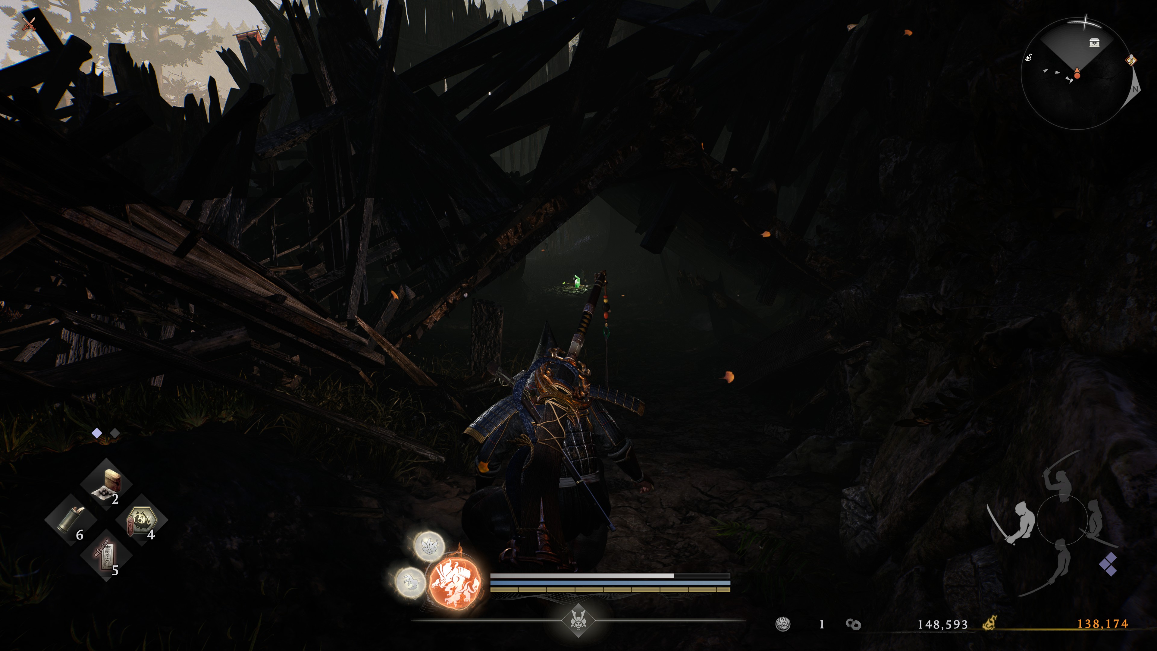 The hero of Nioh 3 ducking under an archway of collapsed, burnt wood.