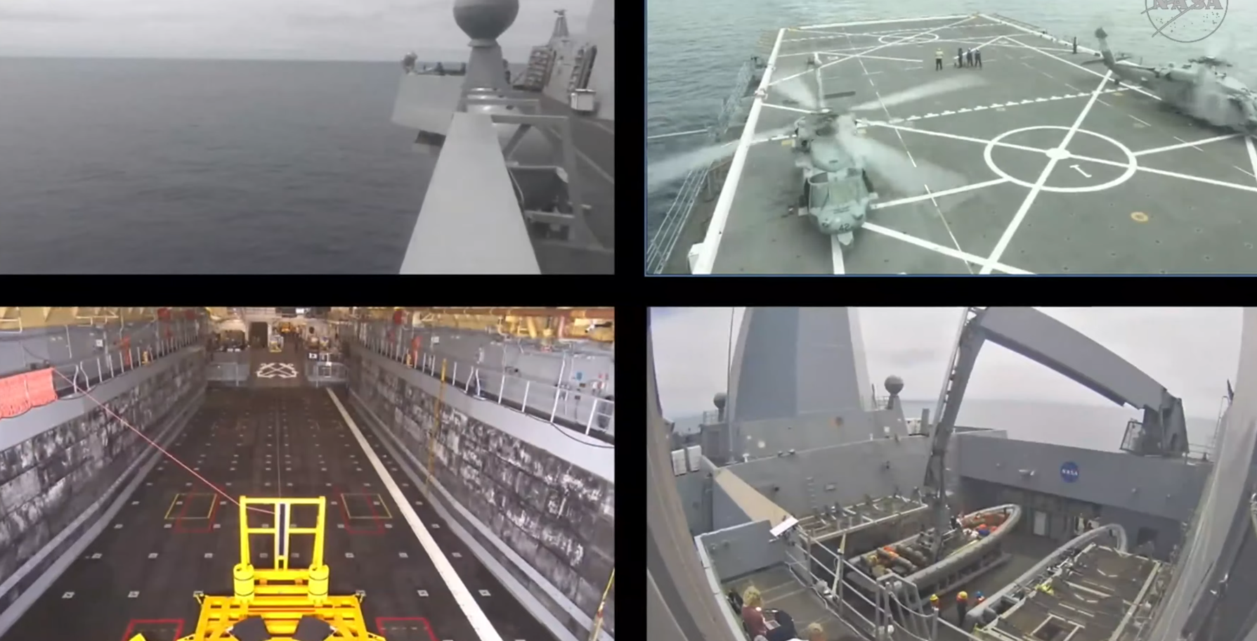 Recovery crews aboard the USS John P. Murtha prepare to collect the Artemis II crew.