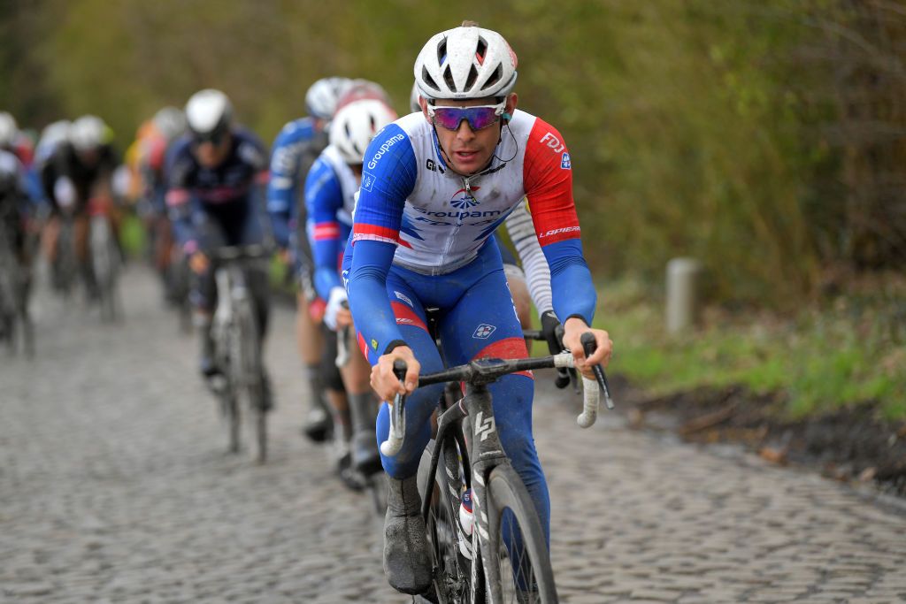 NOKERE BELGIUM MARCH 17 Jake Stewart of United Kingdom and Team Groupama FDJ during the 75th Nokere Koerse Danilith Classic 2021 Mens Elite a 1955km race from Deinze to Nokere Cobblestones NokereKoerse on March 17 2021 in Nokere Belgium Photo by Luc ClaessenGetty Images