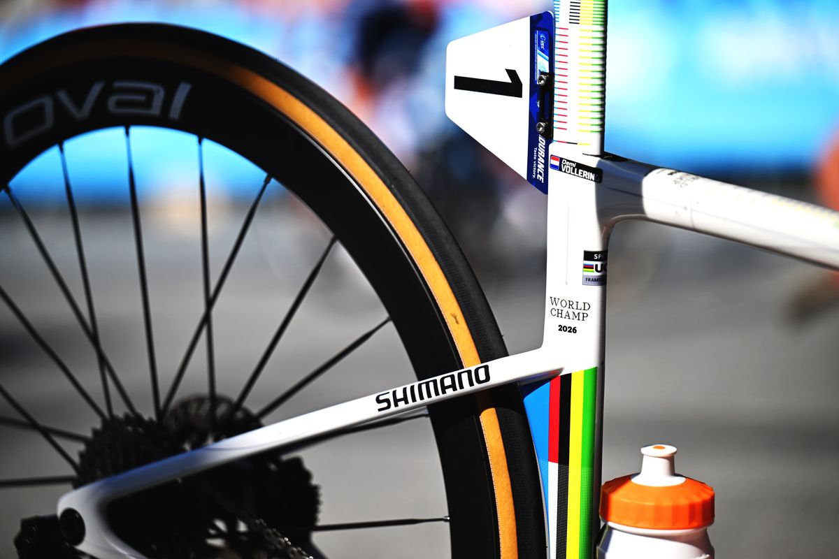 Detail view of the Demi Vollering and Team Netherlands custom World Champion bike prior to the 32nd UEC Road Cycling European Championships 2026