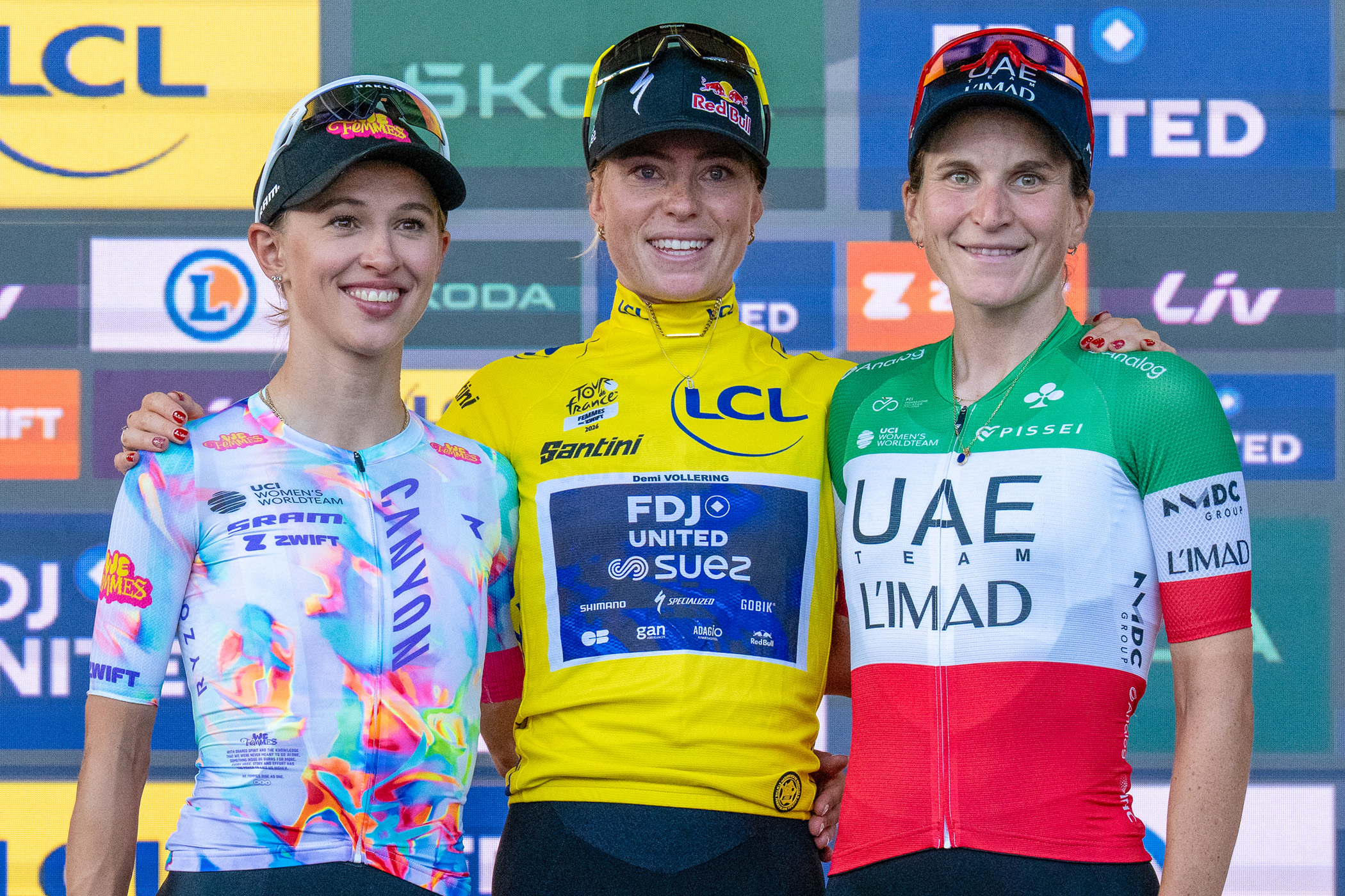 NICE, FRANCE - AUGUST 9: Katarzyna Niewiadoma-Phinney of Poland and CANYON//SRAM (left), Demi Vollering of Netherlands and FDJ UNITED - SUEZ, and Elisa Longo Borghini of Italy and UAE TEAM ADQ (right) celebrate at the podium of the 5th Tour de France Femmes 2026, Stage 9 a 99.2km stage from Nice to Nice / #UCIWWT / August 9, 2026 in Nice, France. (Photo by Silvina Brodersohn - CameraSport via Getty Images).