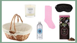 A composite of self-care products for Easter basket ideas for adults.