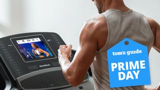 Person running on a treadmill with Prime Day badge 