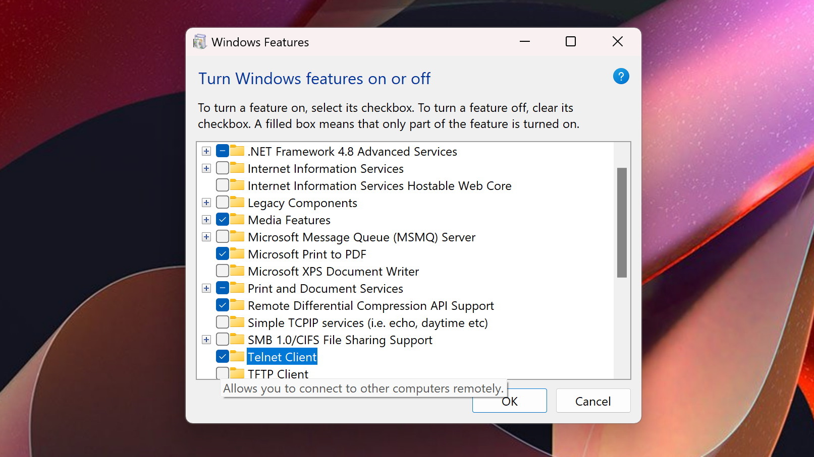 Screenshot of Windows Features window in Windows 11