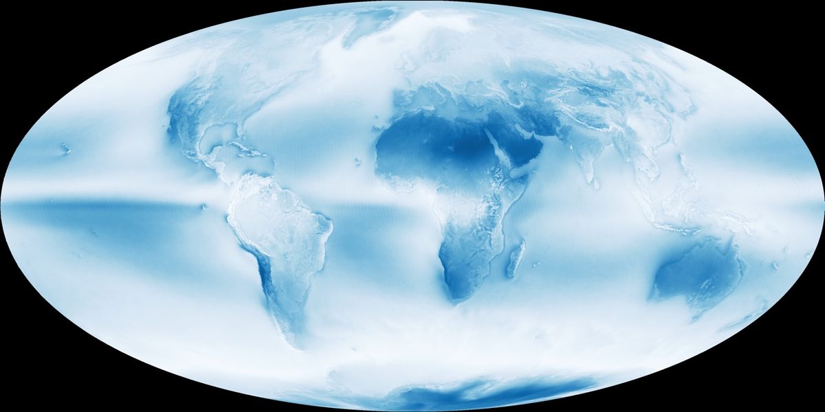 NASA satellite image of average cloud cover over Earth&#039;s surface.