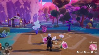 A screenshot of a player standing next to some giant flowers in the upcoming PC game Wanderstop.