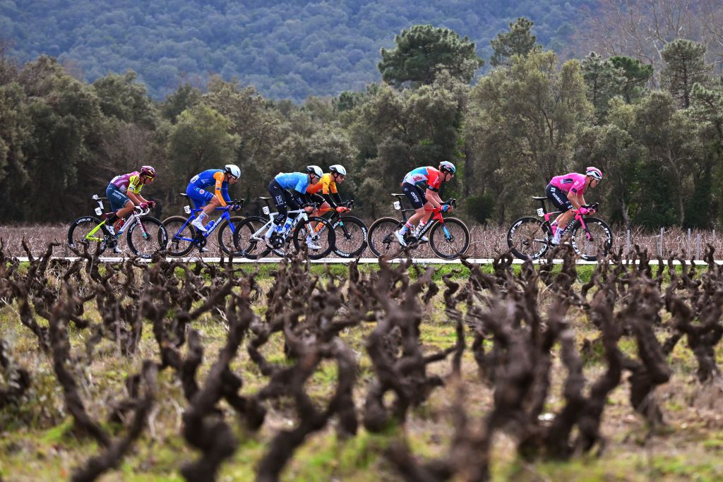 MONT-FARON, FRANCE - FEBRUARY 16: A general view of Victor Vaneeckhoutte of Belgium and Team Lotto-Dstny, Alessandro Iacchi of Italy and Team Corratec-Vini Fantini, Noah Knecht of France and Team Nice Metropole Cote D'azur, Valentin Tabellion of France and Team Van Rysel-Roubaix, Morne Van Niekerk of South Africa and Team St Michel Mavic-Auber 93, Mael Guegan of France and Team CIC U Nantes Atlantique compete in the breakaway during the 1st Classic Var 2024 a 184.3km one day race from Saint-Raphael to Mont Faron 499m on February 16, 2024 in Mont Faron, France. (Photo by Billy Ceusters/Getty Images)