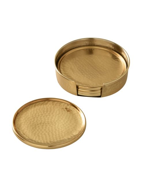 Antique Brass Hammered Coasters with Holder, Set of 4
