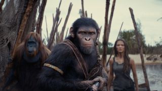 Raka (played by Peter Macon), Noa (played by Owen Teague) , and Freya Allan as Nova in Kingdom Of The Planet Of The Apes