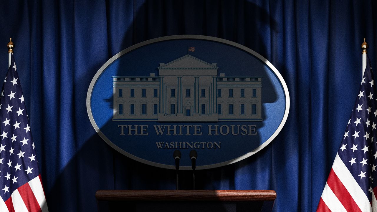 Illustration of Donald Trump&#039;s shadow against the White House press room podium