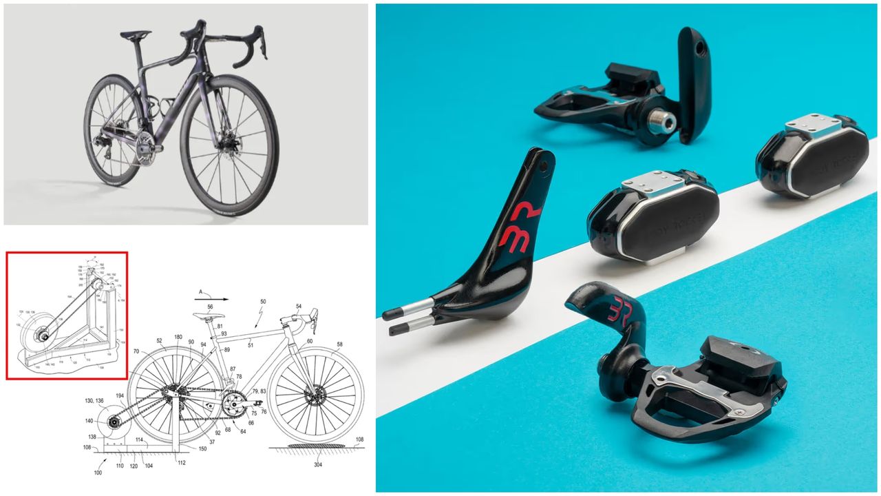 A collage of cycling products is shown, including the body rocket sensors, a scott addict road bike and a figure drawing of a bike for a sram patent