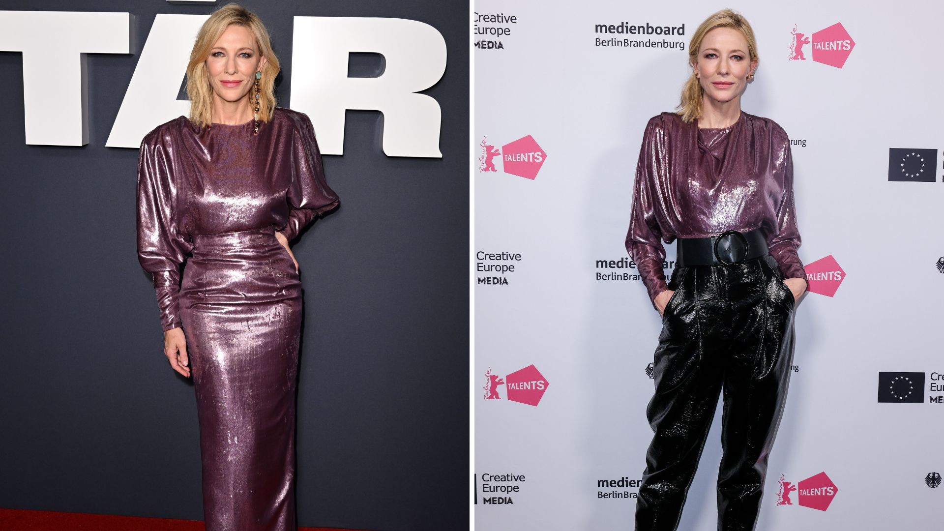 L-Cate Blanchett in a metallic pink shirt and matching skirt, R-Cate Blanchett in a metallic pink shirt and black trousers