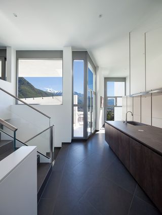 Staircase with mountain view