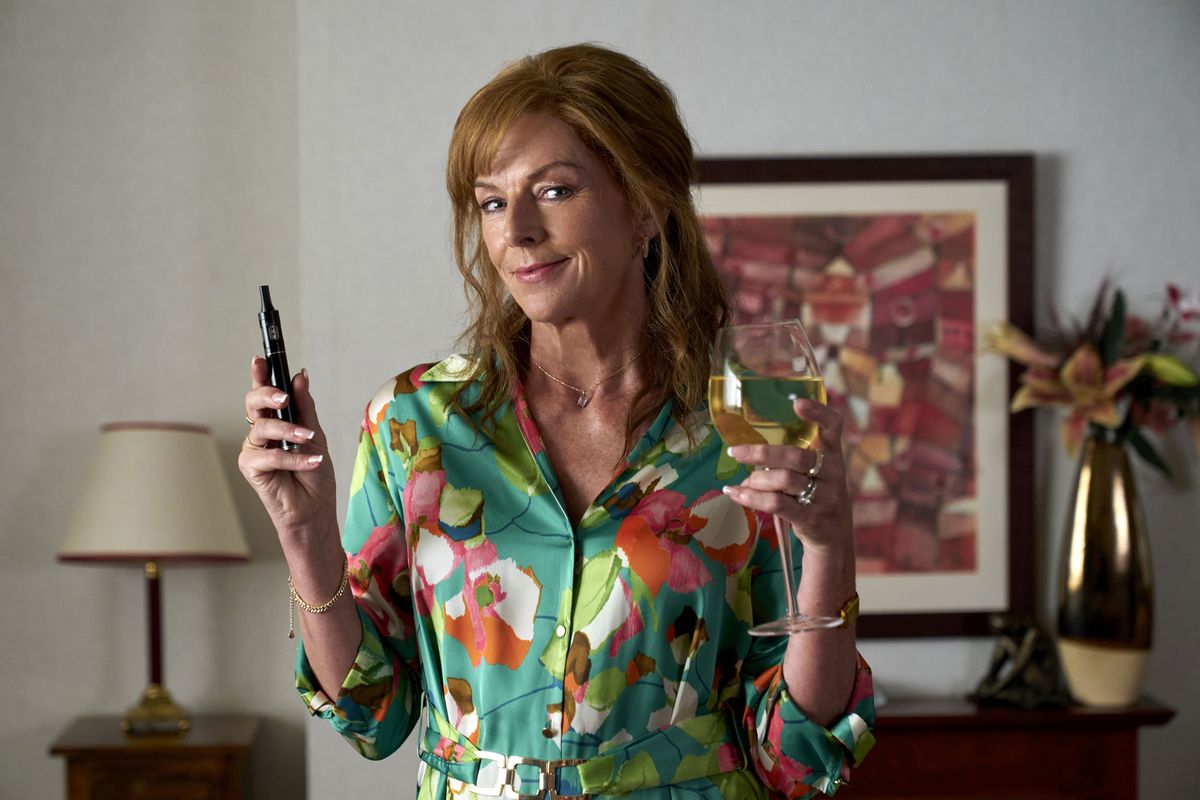 Two Doors Down season 7 posed shot of Doon Mackichan as vaping, wine-drinking Cathy.