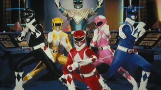 The Power Rangers posing in the Mighty Morphin' Power Rangers TV series.