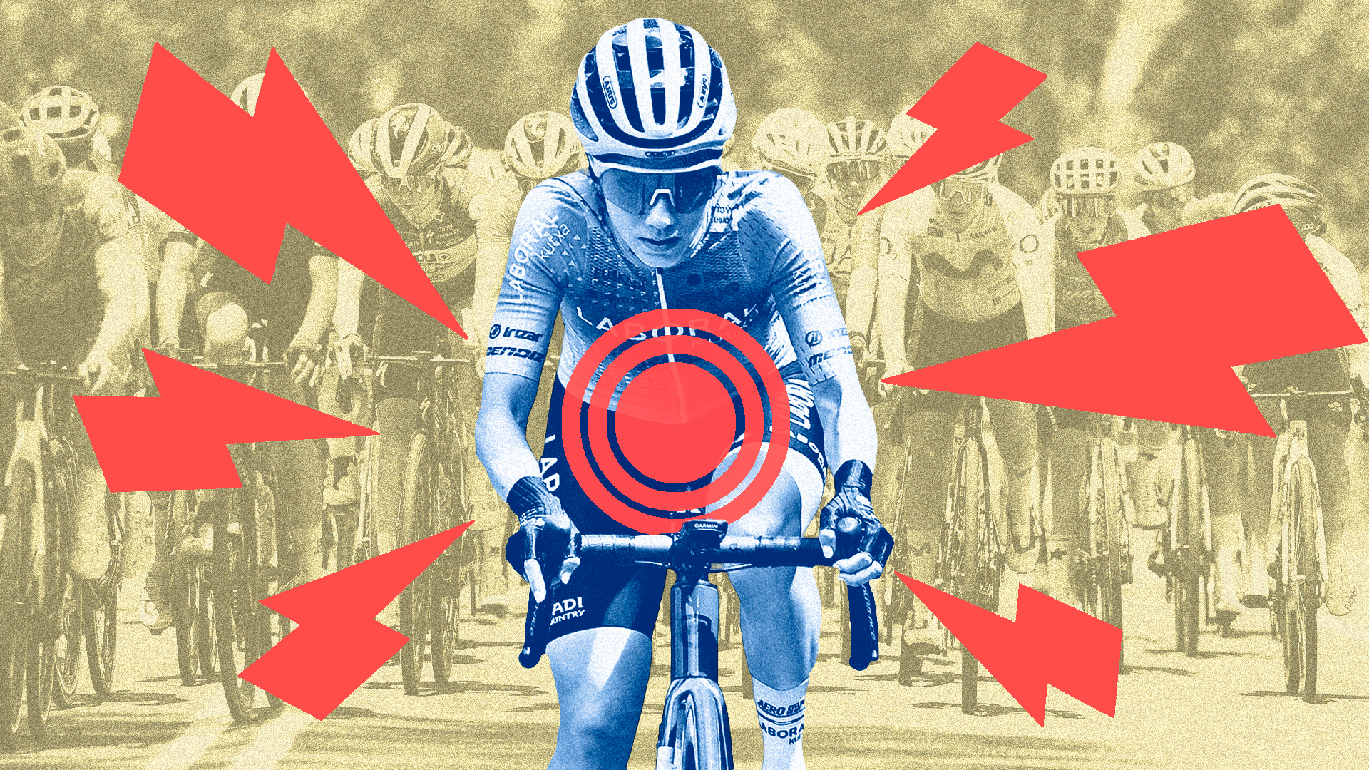 An illustration showing a female rider in the foreground, with red lightning bolts and a pulse point representing pain on her stomach