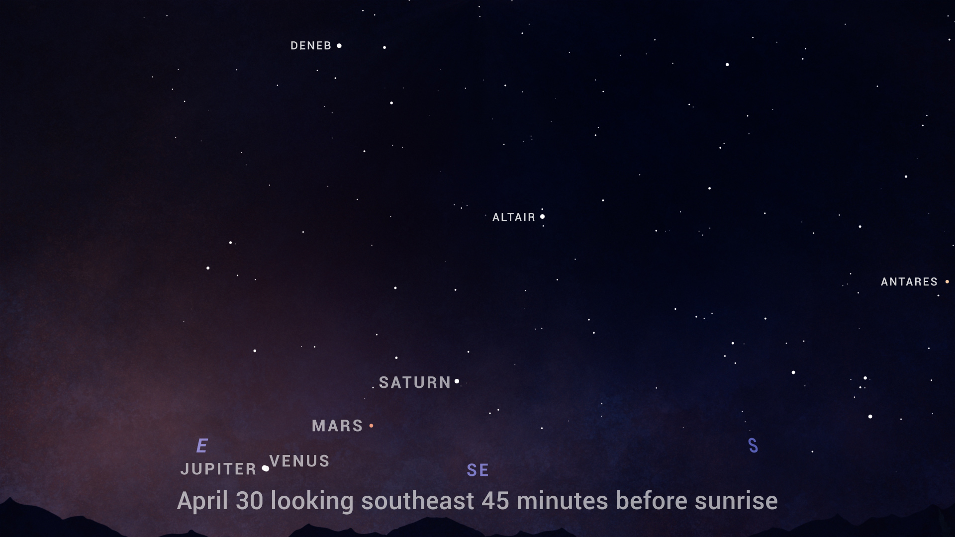This sky chart shows the close conjunction of Venus and Jupiter before sunrise on April 30.