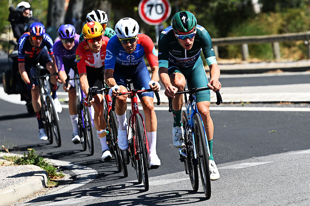 FONT-ROMEU, FRANCE - AUGUST 24: (L-R) Olivier Le Gac of France and Team Groupama - FDJ United and Ethan Hayter of Great Britain and Team Soudal Quick-Step - Green points jersey compete in the breakaway during the La Vuelta - 81st Tour of Spain 2026, Stage 3 a 174km from Gruissan - Aude to Font Romeu 1941m / #UCIWT / on August 24, 2026 in Font Romeu, France. (Photo by Tim de Waele/Getty Images)