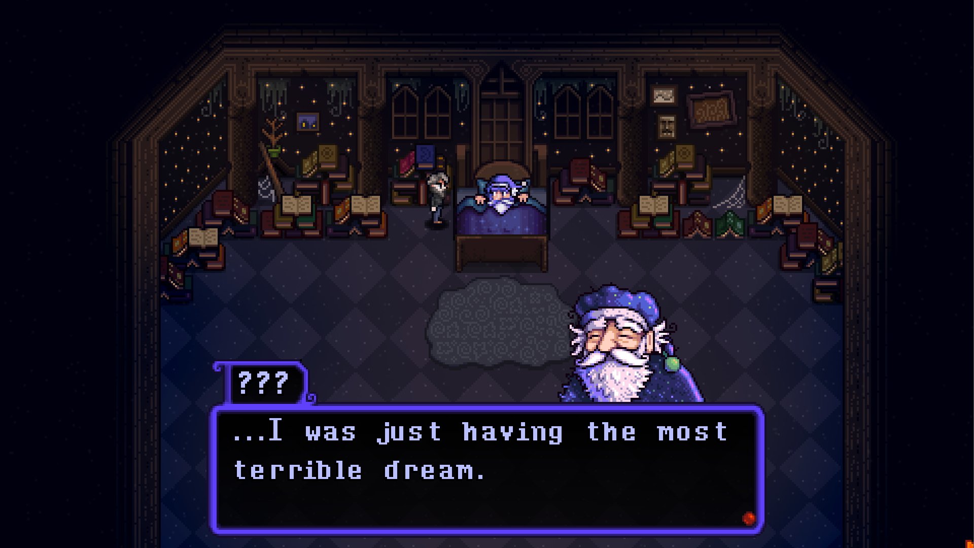 Mysterious old man talking to player in Haunted Chocolatier screenshot