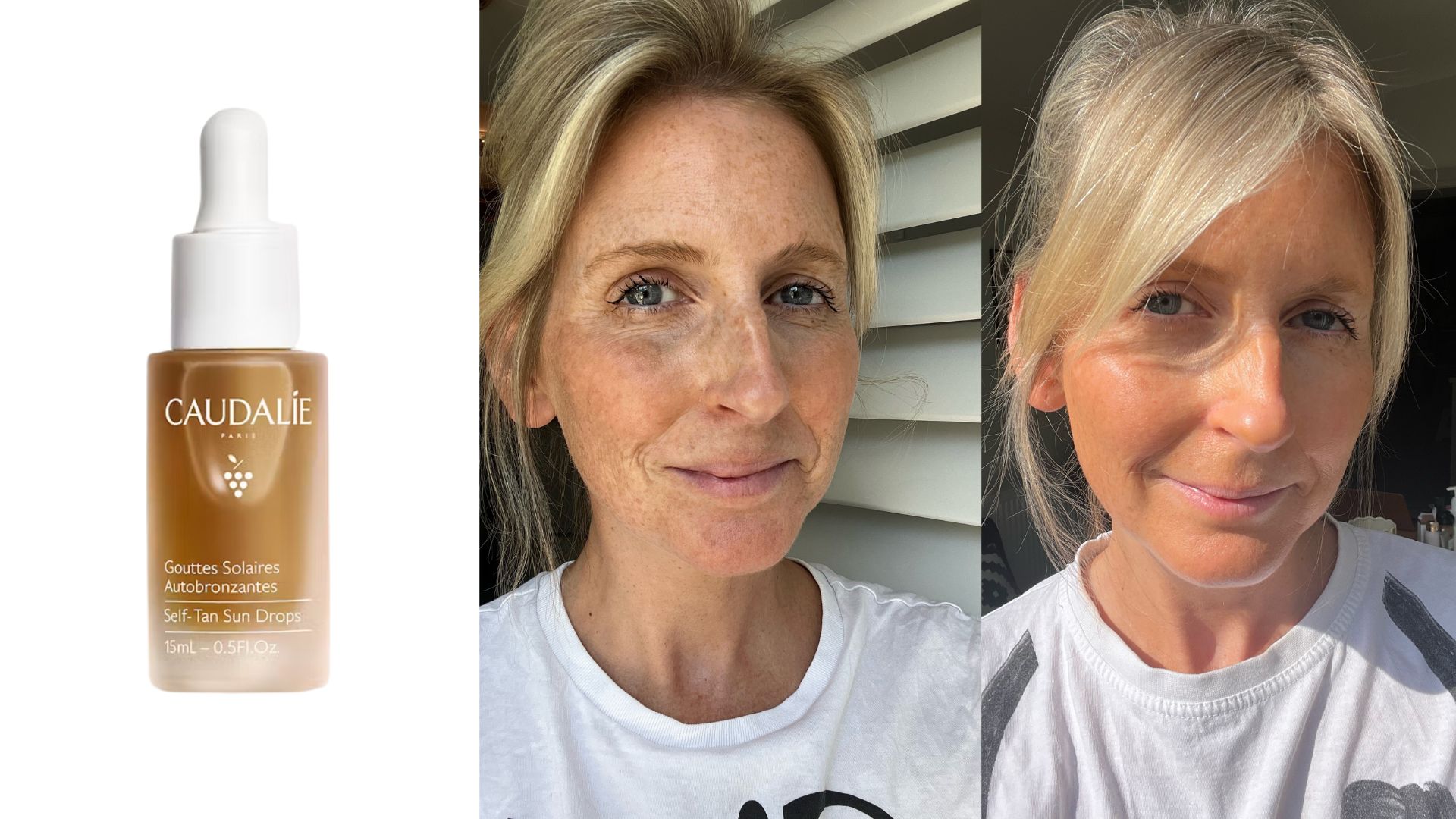 A before and after of Charley using the Caudalie Self-Tan Sun Drops next to a product shot