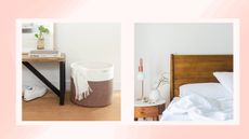 A split image on a pink and white ombre background showing a woven storage basket and a clutter-free bedroom.