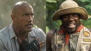 A side by side of Dwayne 'The Rock' Johnson and Kevin Hart in Jumanji: Open World (2026).