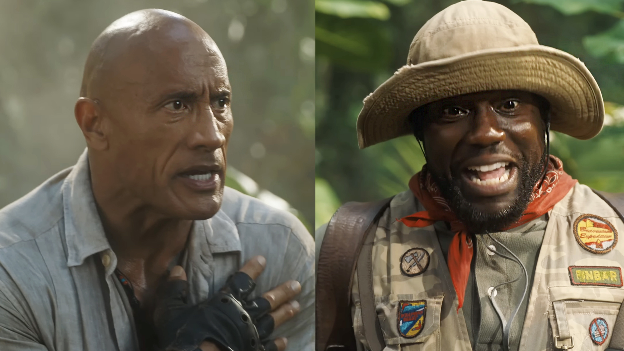 A side by side of Dwayne 'The Rock' Johnson and Kevin Hart in Jumanji: Open World (2026).