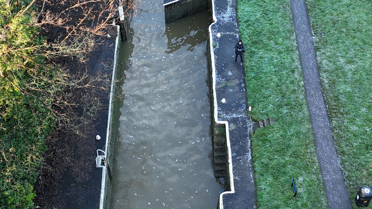 A photo of a person standing by a river taken on a DJI Flip drone