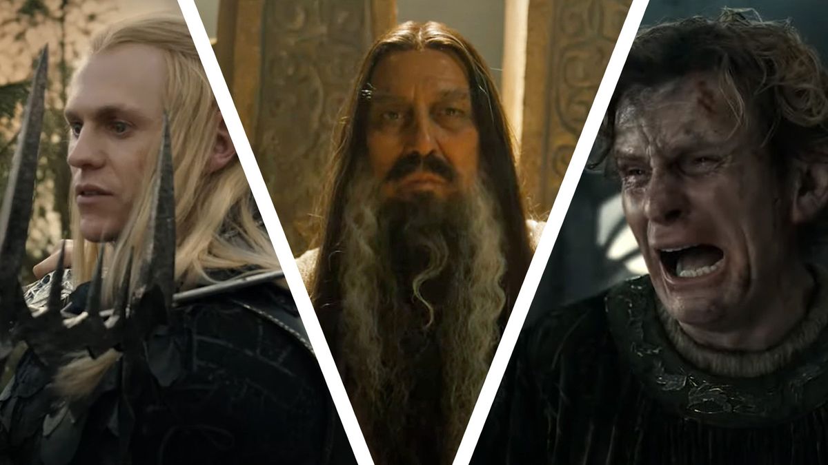 A collage showing Annatar/Sauron, what appears to be young Saruman, and a crying Celebrimbor in The Rings of Power season 2