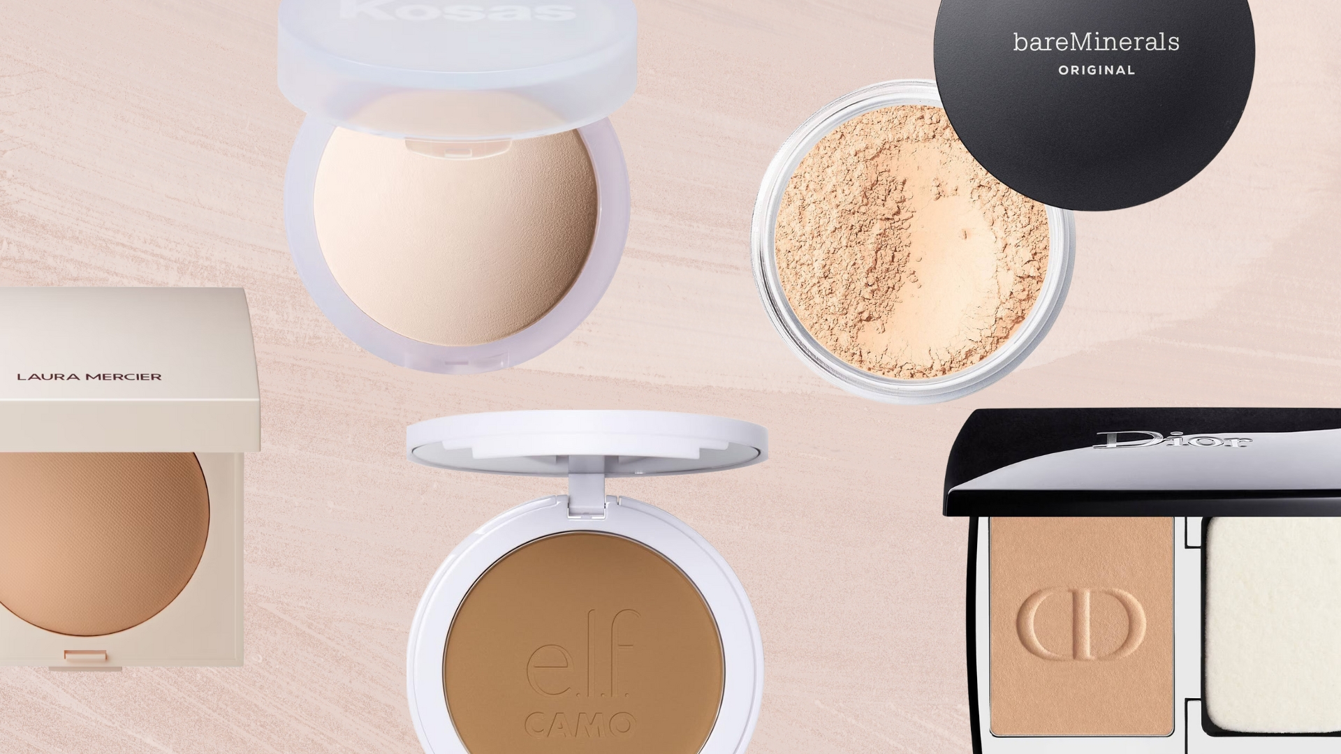 Collage of the best powder foundations on a pale pink background (L-R) from Laura Mercier, Kosas, elf, Bare Minerals and Dior