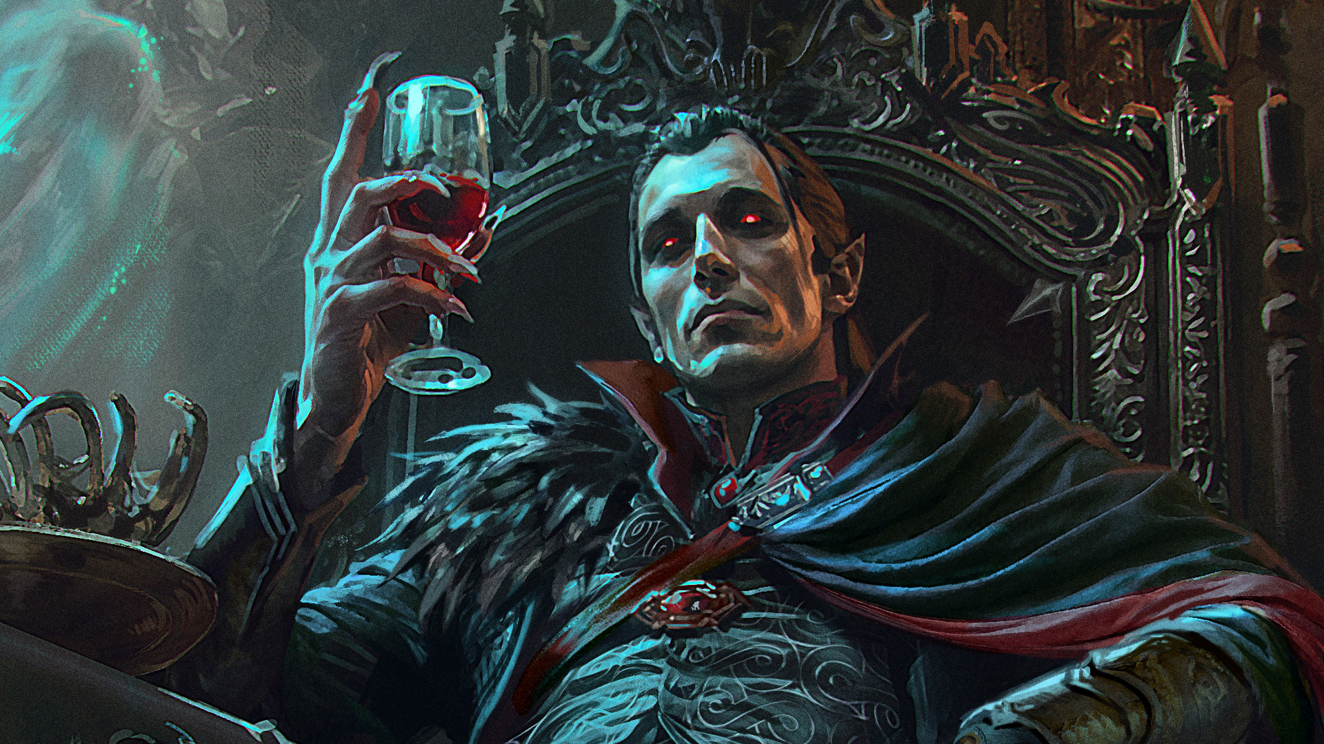 Count Strahd von Zarovich, with glowing red eyes, looks into the foreground whilst sat in a chair and clutching a glass or blood or wine with a clawed hand