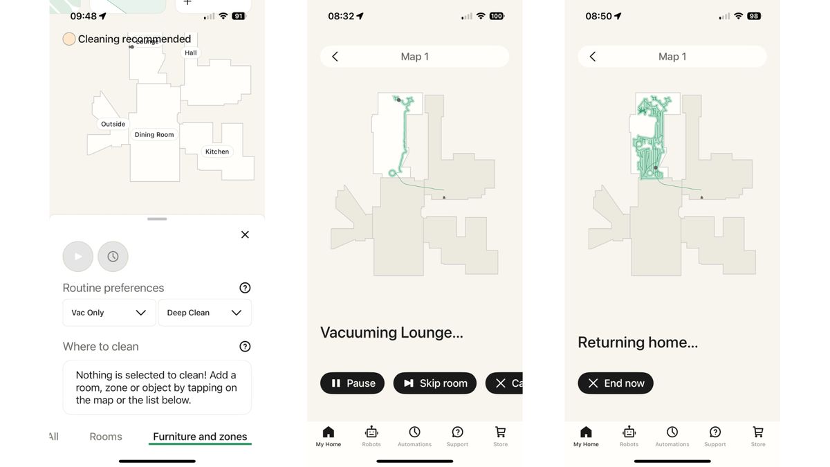Screenshots from iRobot companion app