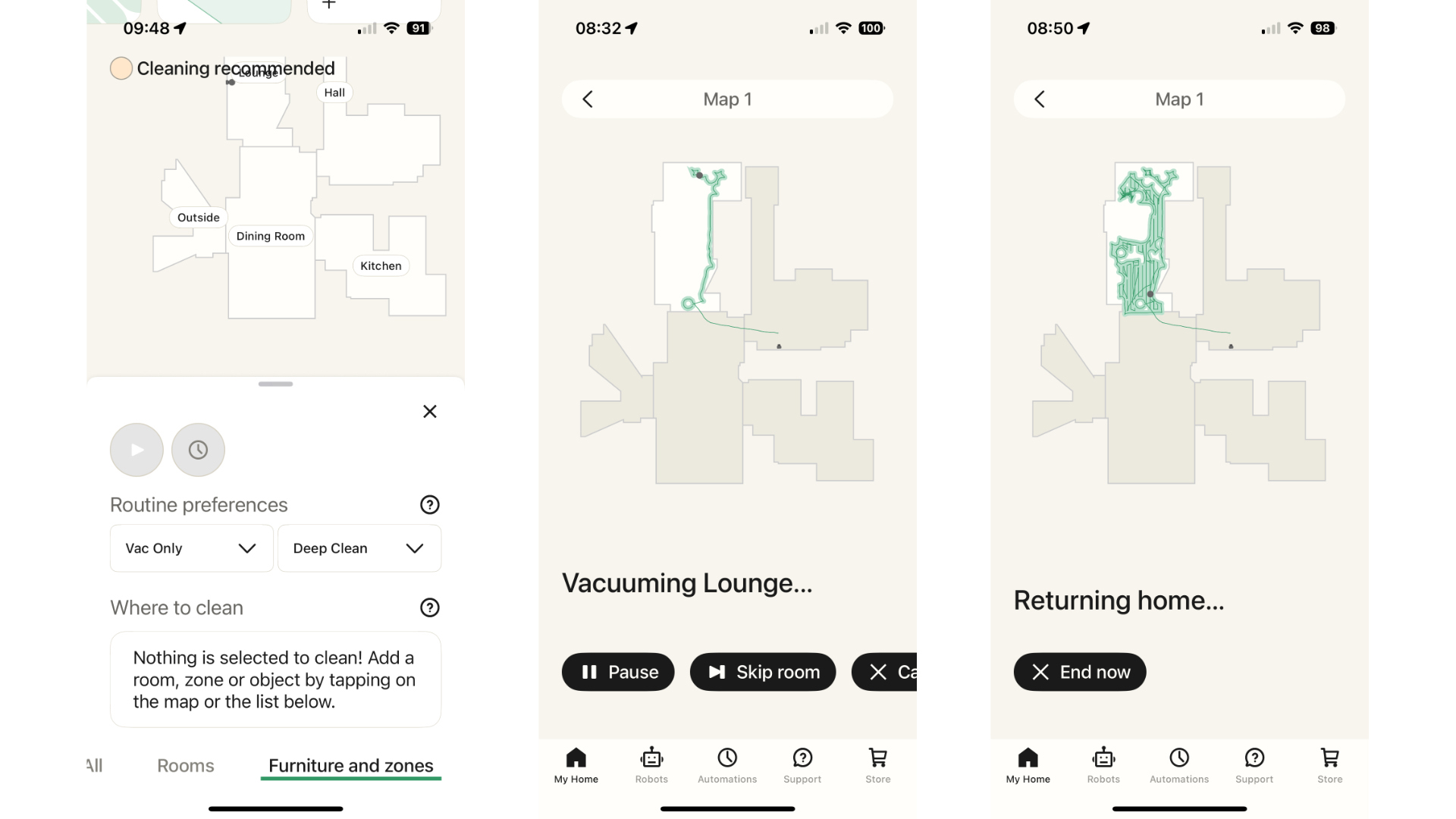 Screenshots from iRobot companion app