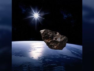 An artist's concept of an asteroid approaching Earth.