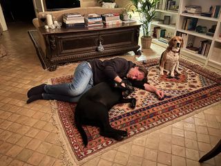 man lying down next to dogs