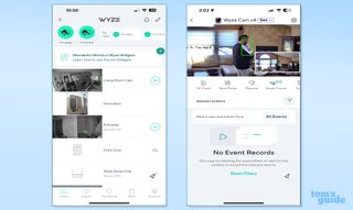 Wyze app home menu and live view