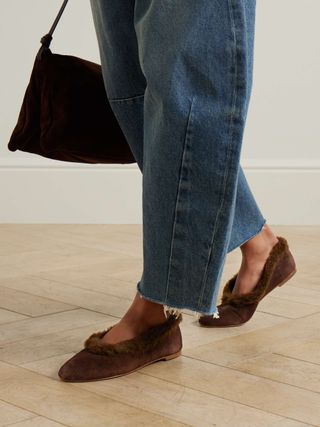 Alba Faux Fur-Trimmed Suede Ballet Flats