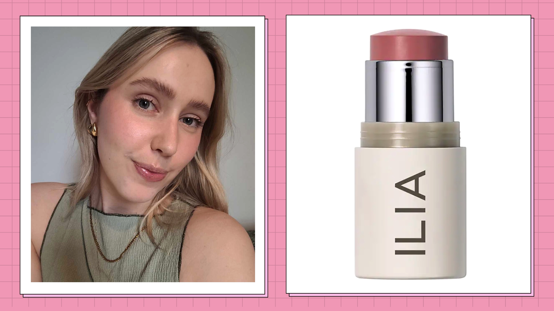 Naomi Jamieson pictured wearing the ILIA Multi Stick, alongside a product shot of the blush